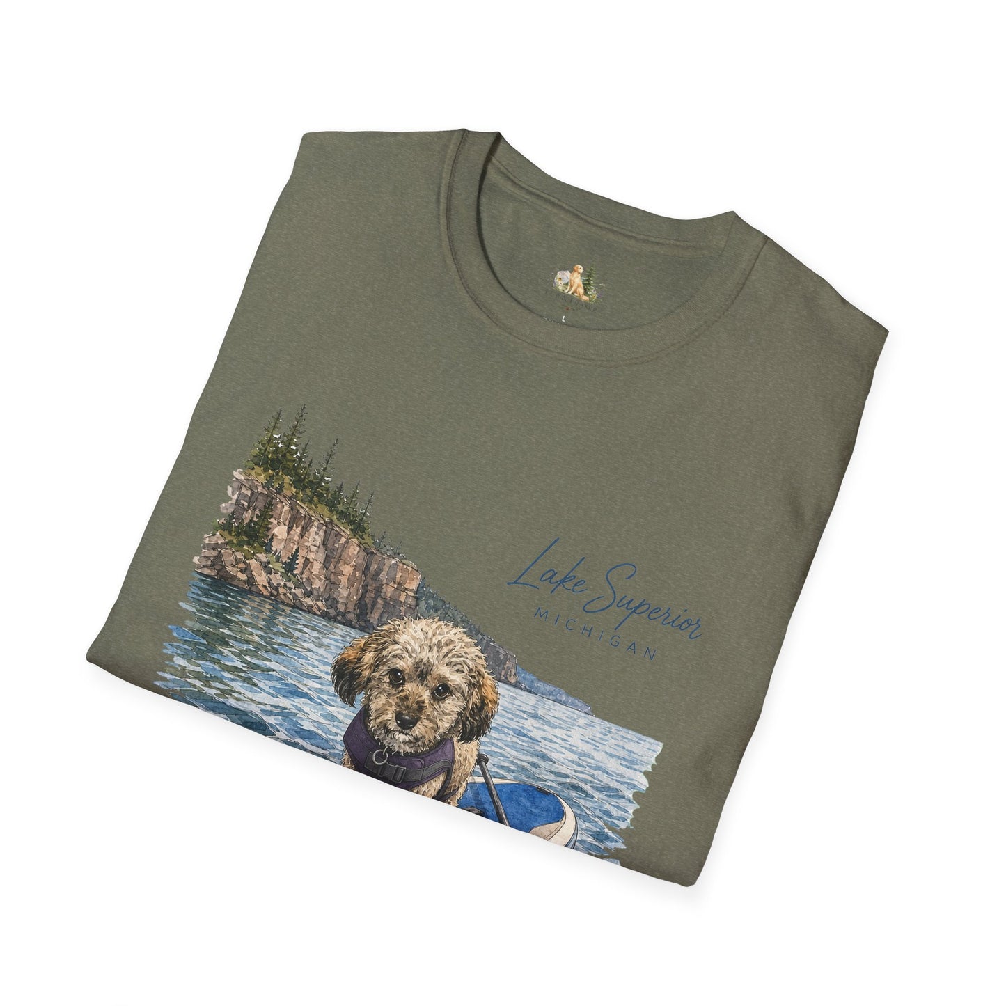 T-Shirt — Lake Superior Michigan Dog Paddleboard Graphic (Light Weight, Ultra Soft Tee)