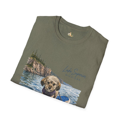 T-Shirt — Lake Superior Michigan Dog Paddleboard Graphic (Light Weight, Ultra Soft Tee)
