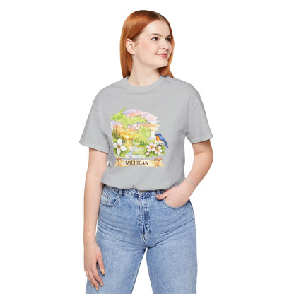 Michigan Scenic T-Shirt — State Flower & Bluebird Watercolor Design