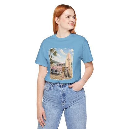 Vintage Beach Surf T‑Shirt — Retro Car, Surfboard & Dog Graphic