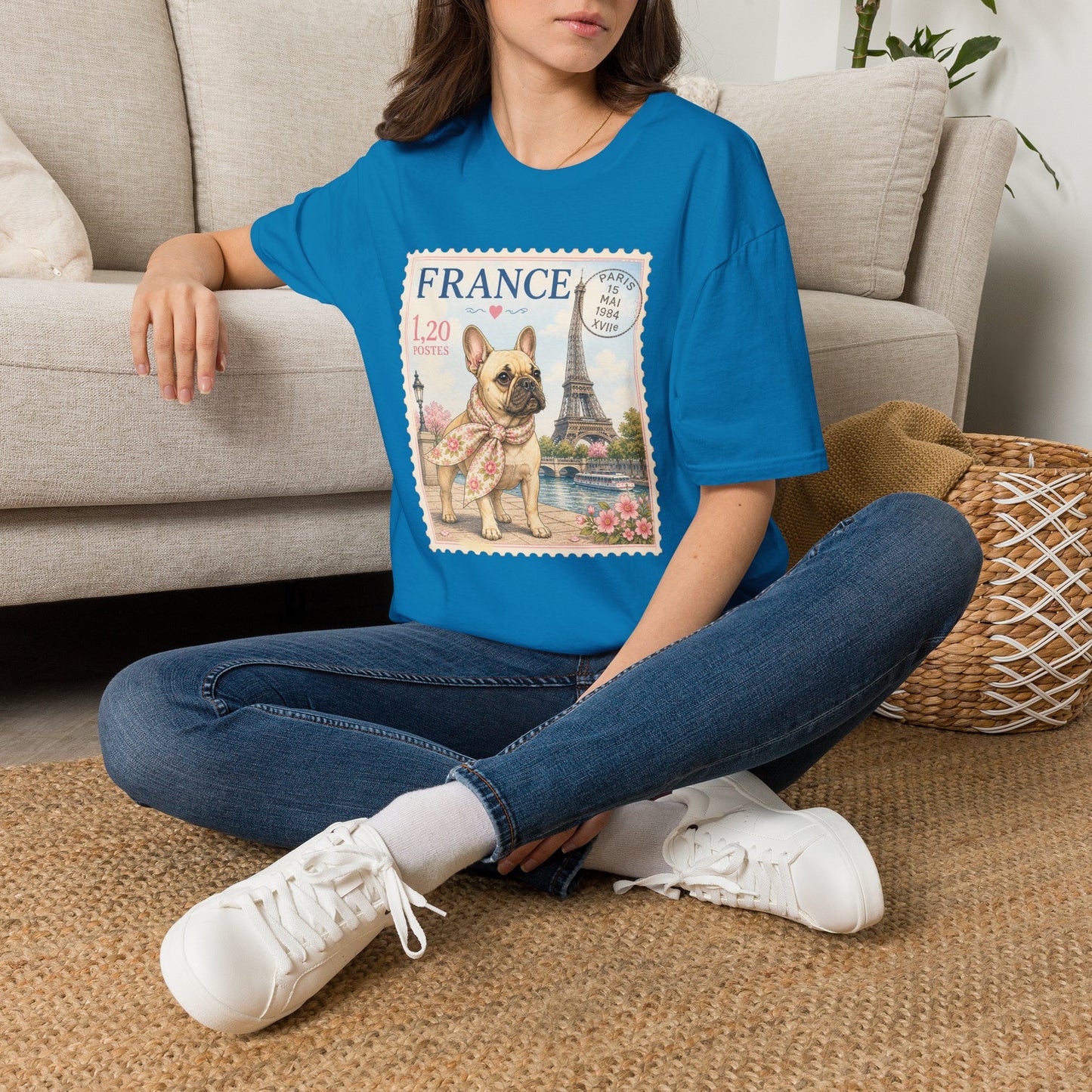 French Bulldog Postage Stamp T-Shirt | Eiffel Tower Paris Design (Light Weight, Ultra Soft Tee)