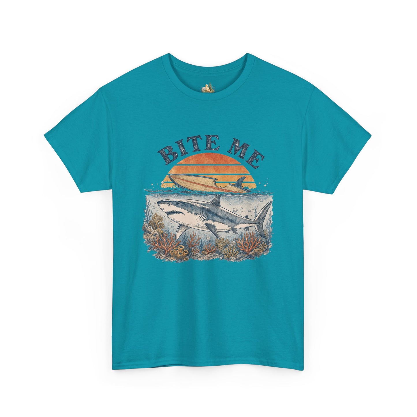 Shark 'Bite Me' Graphic Tee — Vintage Ocean Sunset Fishing Shirt (Heavy Weight Tee)