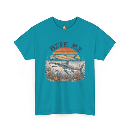 Shark 'Bite Me' Graphic Tee — Vintage Ocean Sunset Fishing Shirt (Heavy Weight Tee)