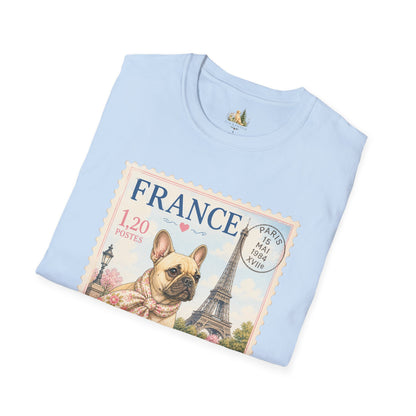 French Bulldog Postage Stamp T-Shirt | Eiffel Tower Paris Design (Light Weight, Ultra Soft Tee)