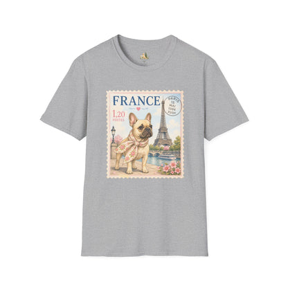 French Bulldog Postage Stamp T-Shirt | Eiffel Tower Paris Design (Light Weight, Ultra Soft Tee)