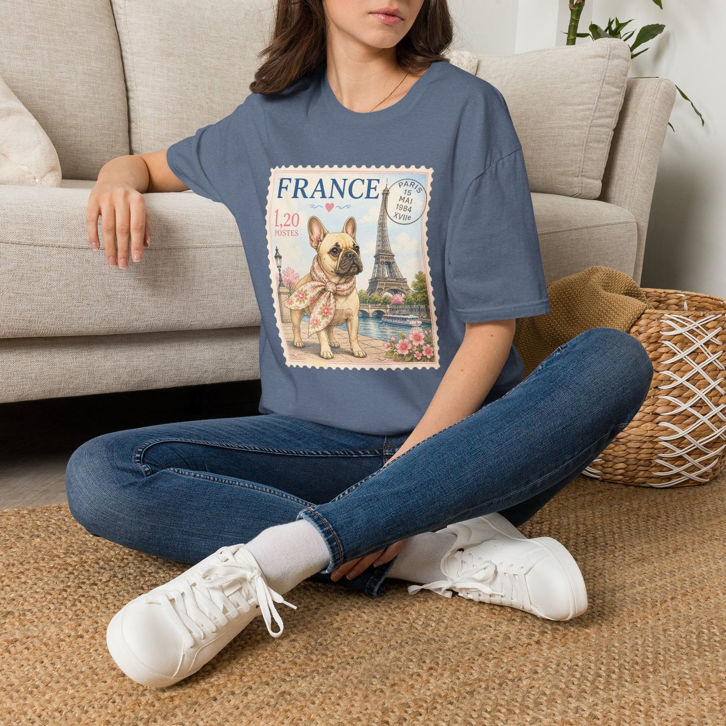 French Bulldog Postage Stamp T-Shirt | Eiffel Tower Paris Design (Light Weight, Ultra Soft Tee)