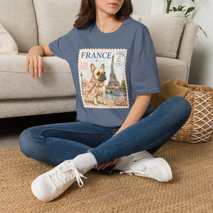 French Bulldog Postage Stamp T-Shirt | Eiffel Tower Paris Design (Light Weight, Ultra Soft Tee)