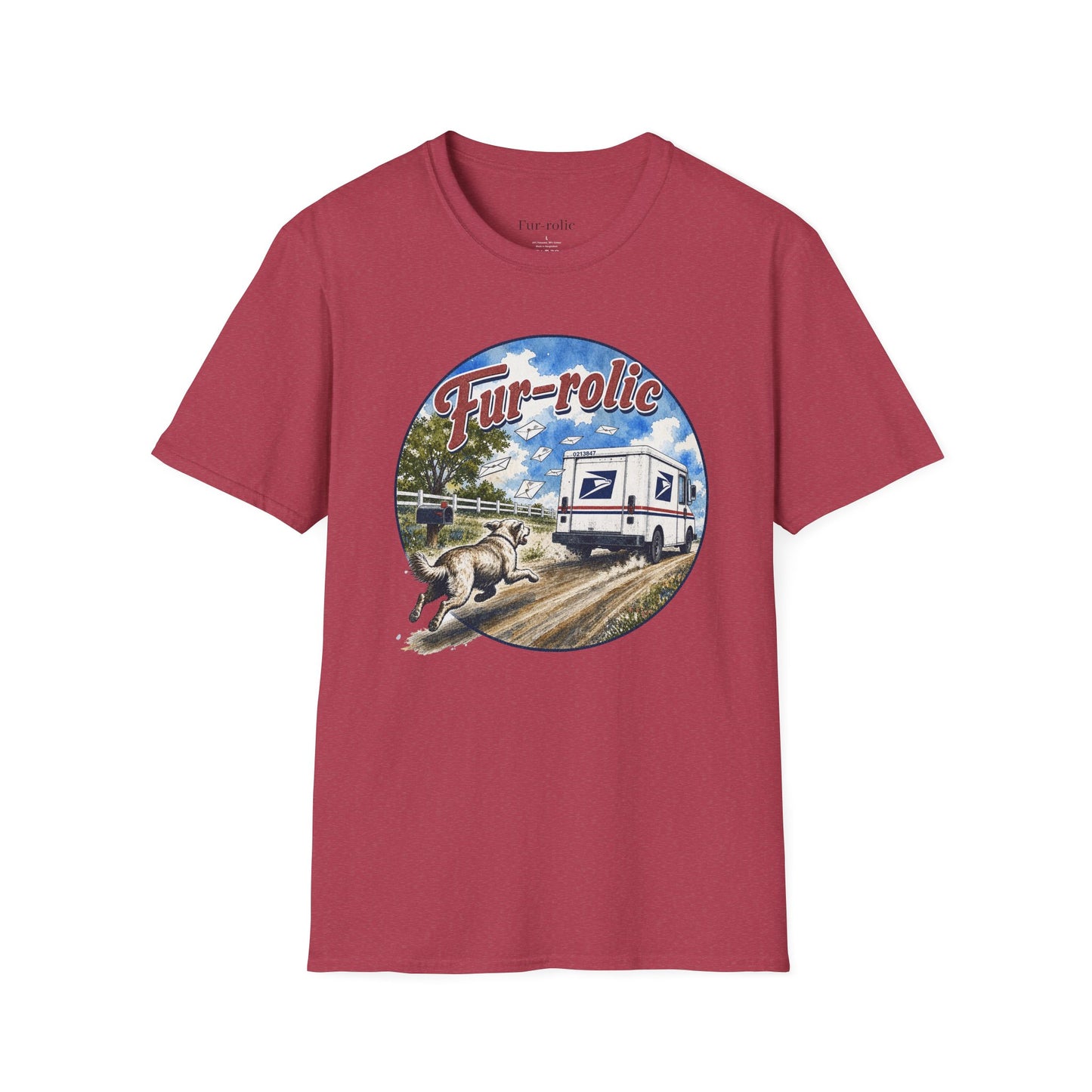 Fur-rolic T-Shirt — Postal Mail Truck & Playful Dogs Retro Graphic Tee (Light Weight Ultra Soft Tee)