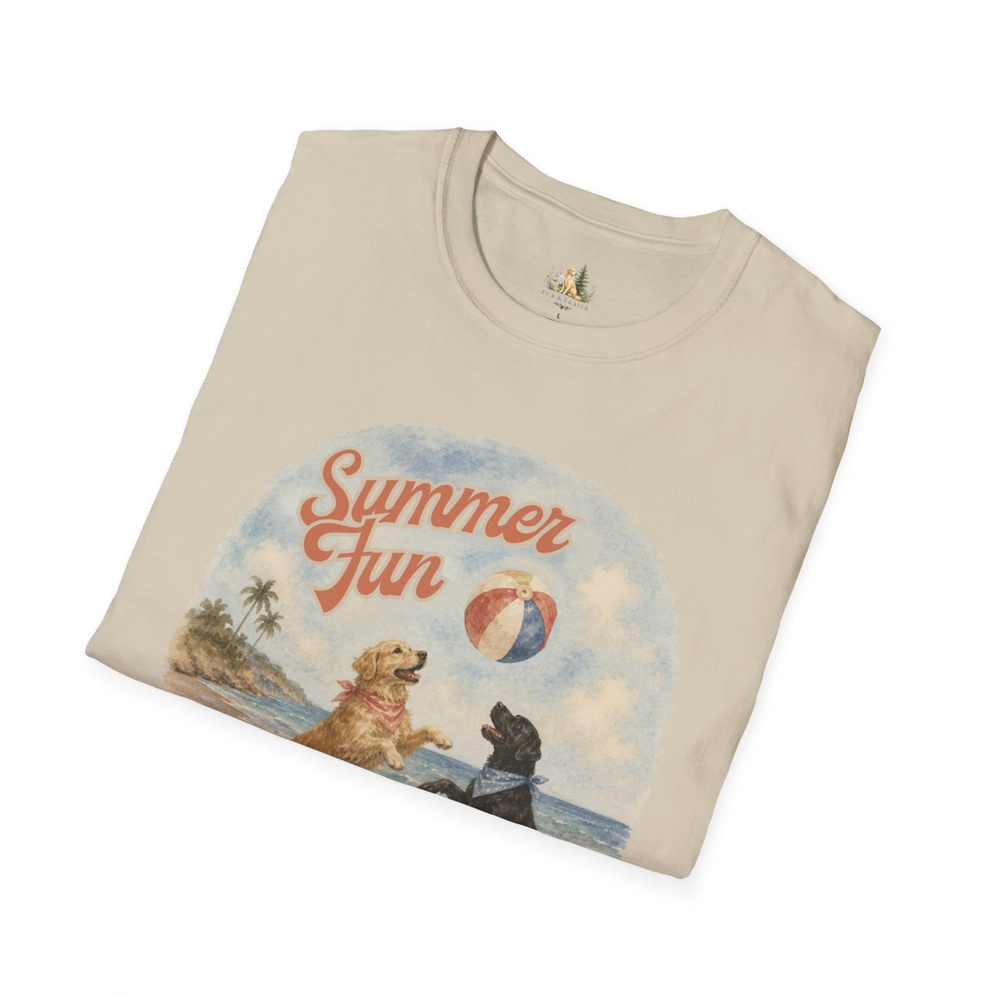 Summer Fun Dogs T-Shirt — Retro Beach Puppies Playing with Beach Ball (Light Weight, Ultra Soft Tee)