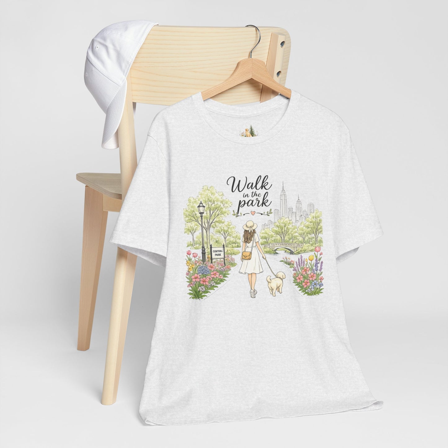 Walk in the Park T-Shirt | Woman Walking Dog Park Illustration