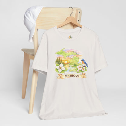Michigan Scenic T-Shirt — State Flower & Bluebird Watercolor Design