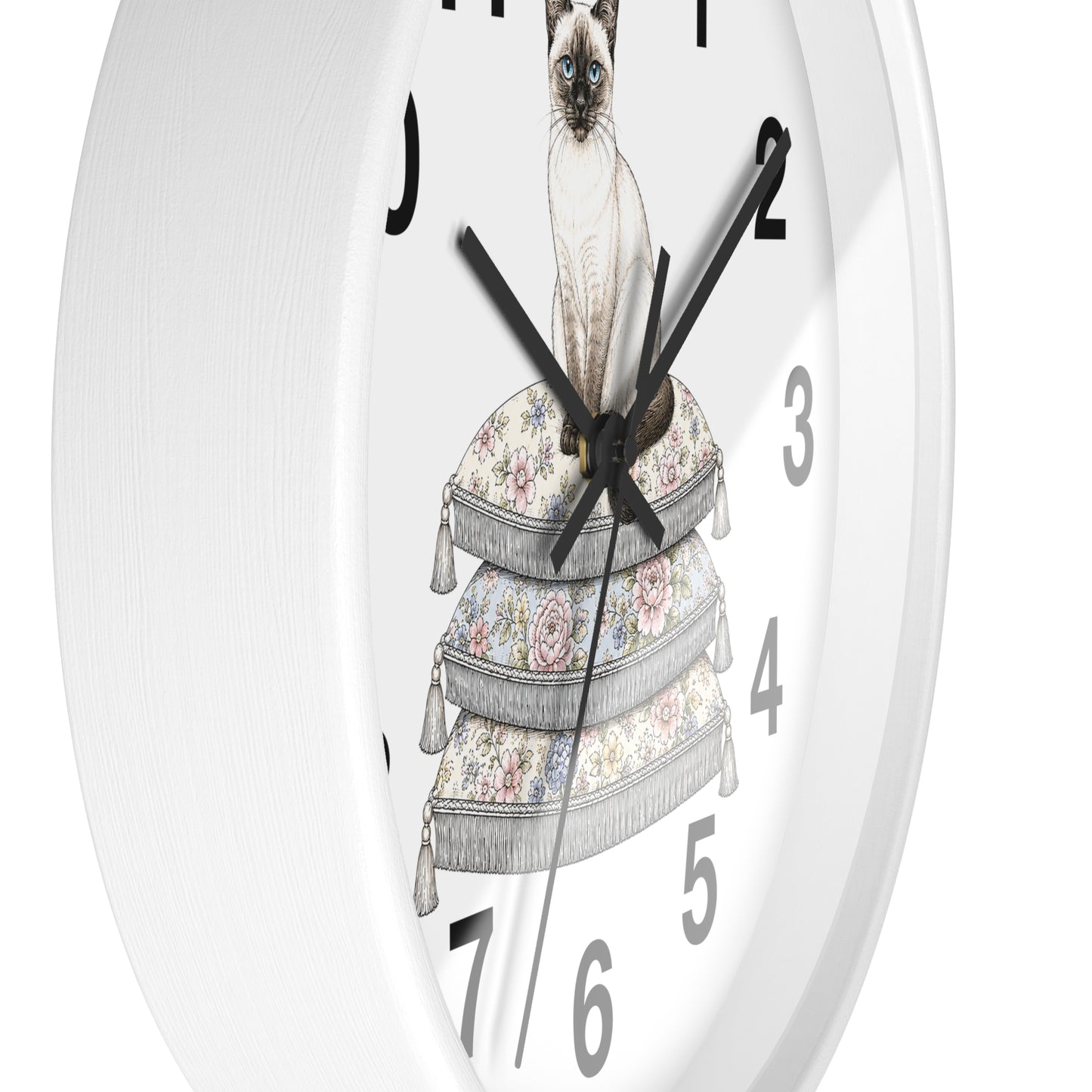Siamese Cat on Stacked Cushions Wall Clock | Floral Pillow Illustration