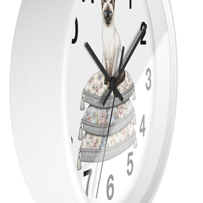 Siamese Cat on Stacked Cushions Wall Clock | Floral Pillow Illustration