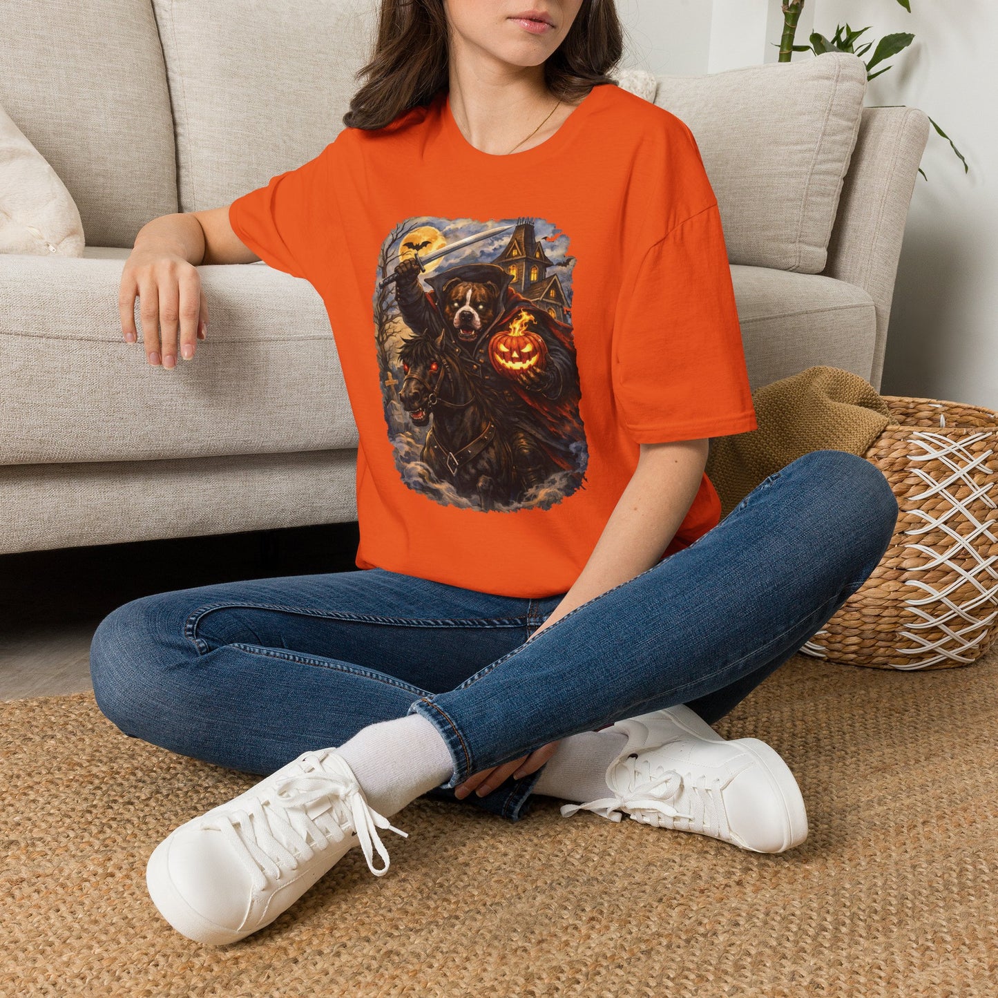 Unisex Halloween Pit Bull Headless Horseman Tee – What Tails Lurk Behind The Pines Collection