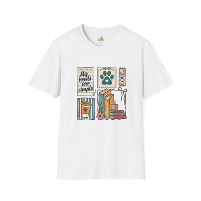 T-Shirt — "My Needs Are Simple" Book & Paw Graphic Tee
