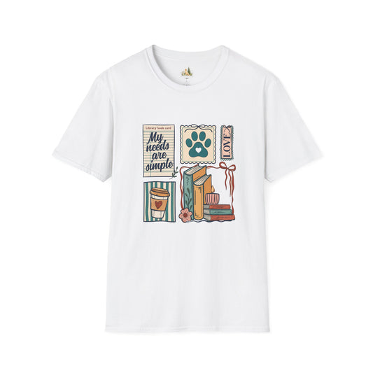 T-Shirt — "My Needs Are Simple" Book & Paw Graphic Tee