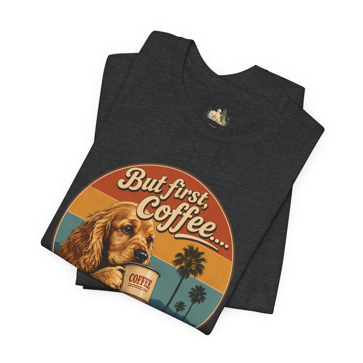 Men's But First Coffee Dog Tee — Retro Palm Tree Coffee Lover T-Shirt