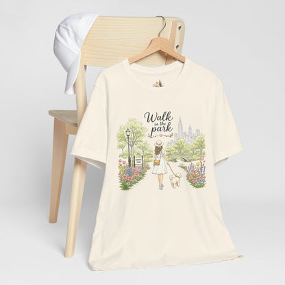 Walk in the Park T-Shirt | Woman Walking Dog Park Illustration