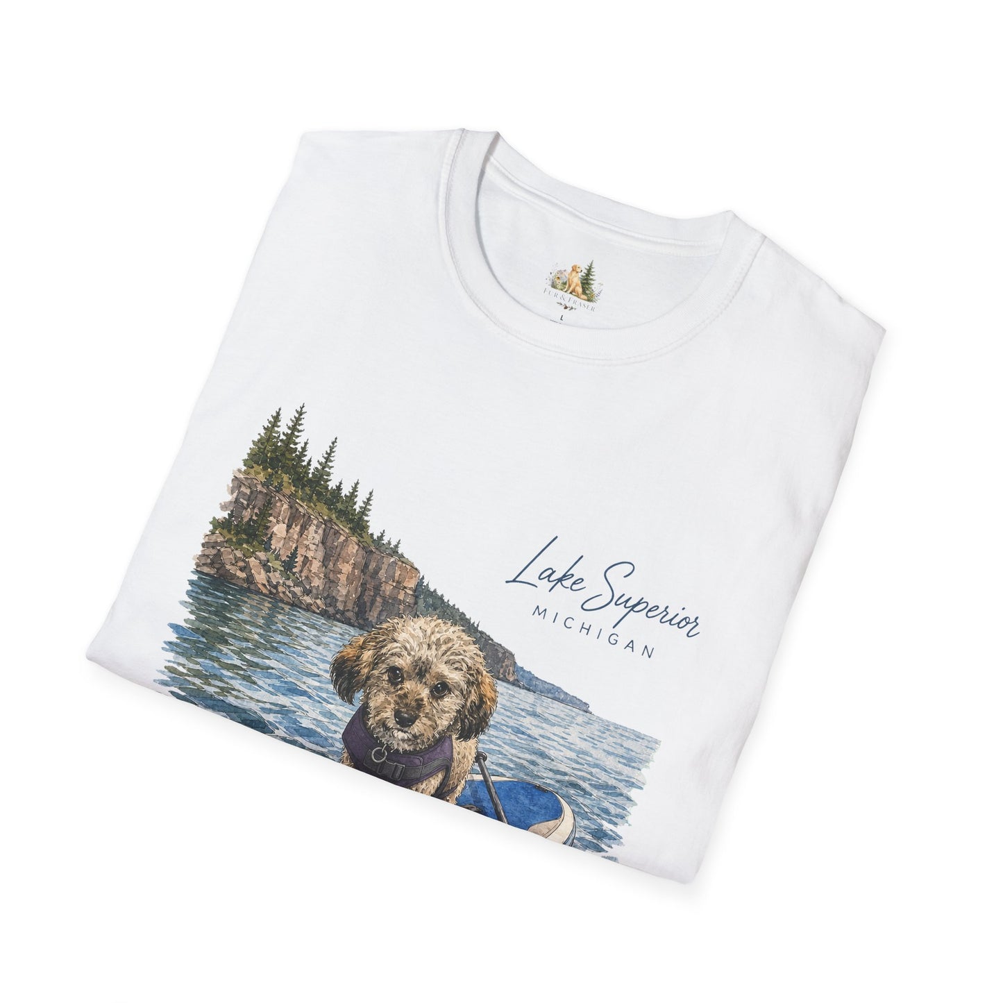 T-Shirt — Lake Superior Michigan Dog Paddleboard Graphic (Light Weight, Ultra Soft Tee)