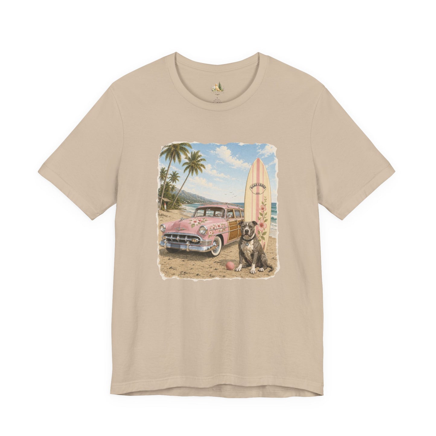Vintage Beach Surf T‑Shirt — Retro Car, Surfboard & Dog Graphic