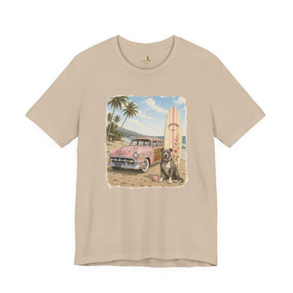 Vintage Beach Surf T‑Shirt — Retro Car, Surfboard & Dog Graphic