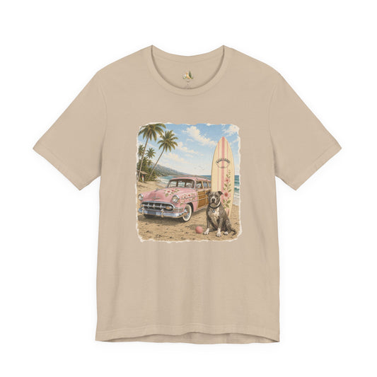 Vintage Beach Surf T‑Shirt — Retro Car, Surfboard & Dog Graphic