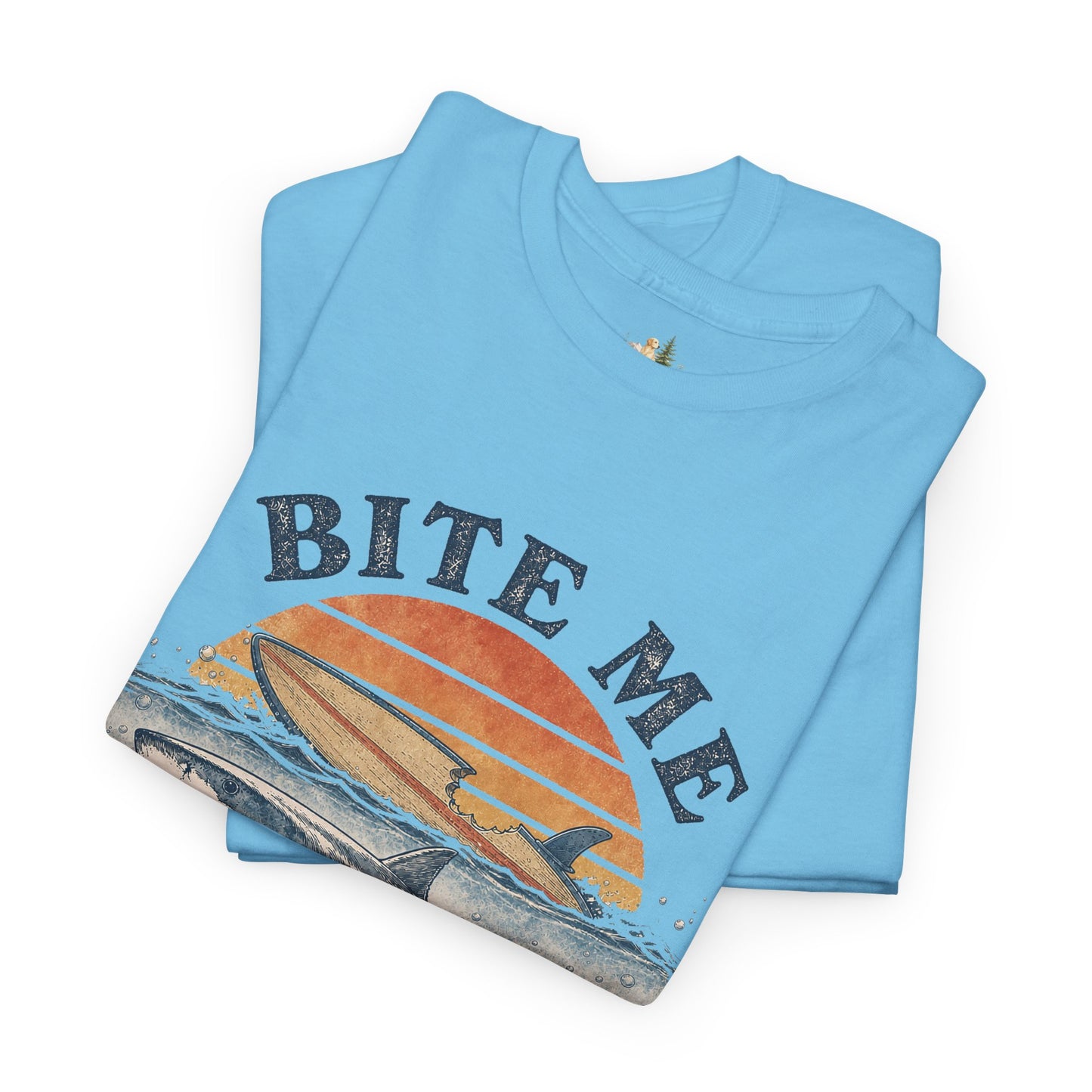 Shark 'Bite Me' Graphic Tee — Vintage Ocean Sunset Fishing Shirt (Heavy Weight Tee)