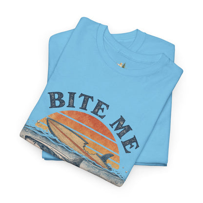 Shark 'Bite Me' Graphic Tee — Vintage Ocean Sunset Fishing Shirt (Heavy Weight Tee)