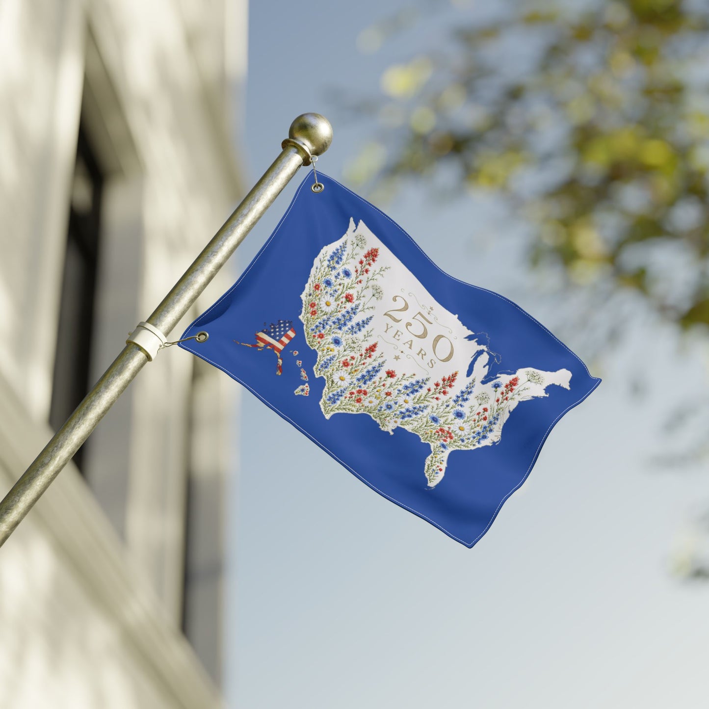 250 Years USA Floral Map Double-Sided Flag — Patriotic Independence Day Decor