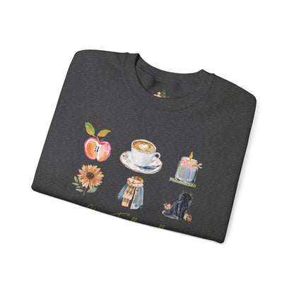 Fall Icons Crewneck Sweatshirt — Cozy Autumn Peach, Coffee, Candle & Cat Design