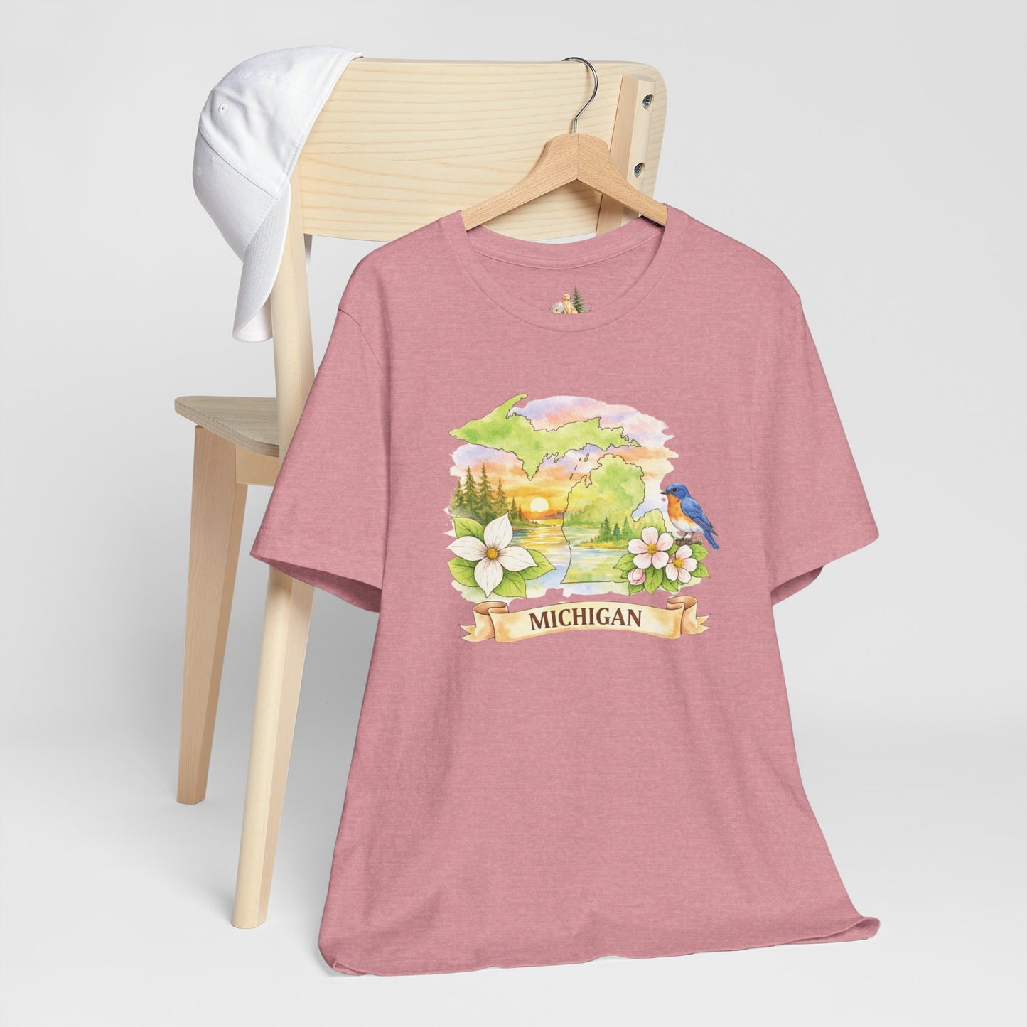 Michigan Scenic T-Shirt — State Flower & Bluebird Watercolor Design