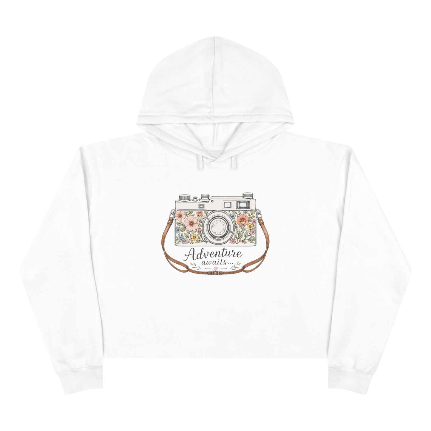 Cropped Hoodie — Floral Vintage Camera “Adventure Awaits” Crop Hoodie