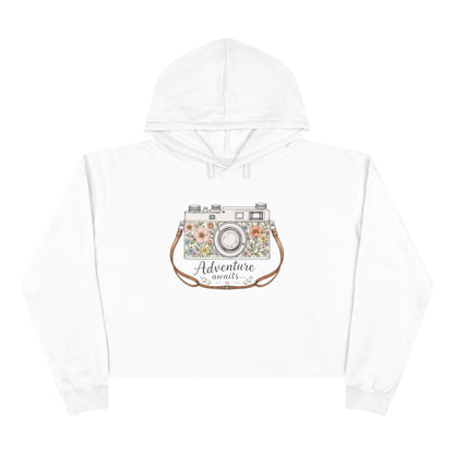 Cropped Hoodie — Floral Vintage Camera “Adventure Awaits” Crop Hoodie