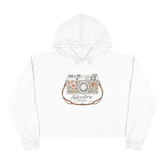 Cropped Hoodie — Floral Vintage Camera “Adventure Awaits” Crop Hoodie