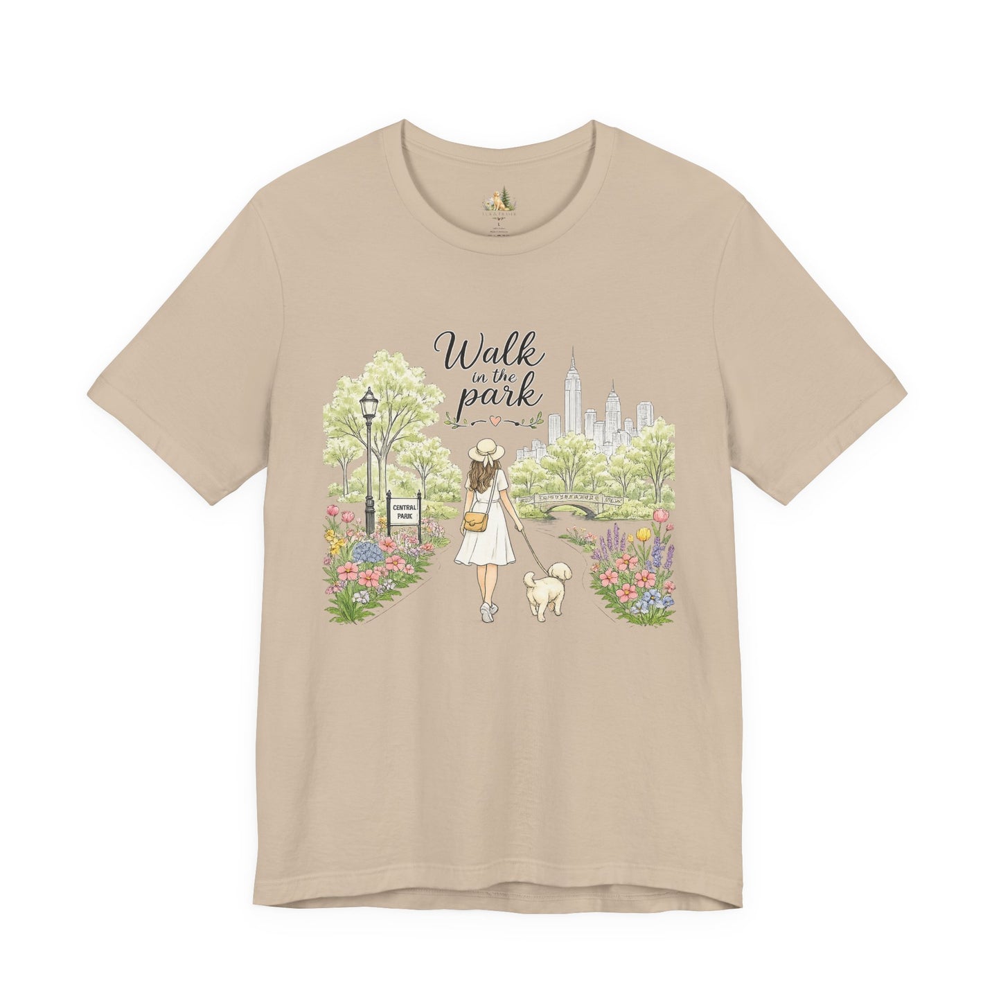 Walk in the Park T-Shirt | Woman Walking Dog Park Illustration
