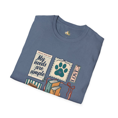 T-Shirt — "My Needs Are Simple" Book & Paw Graphic Tee
