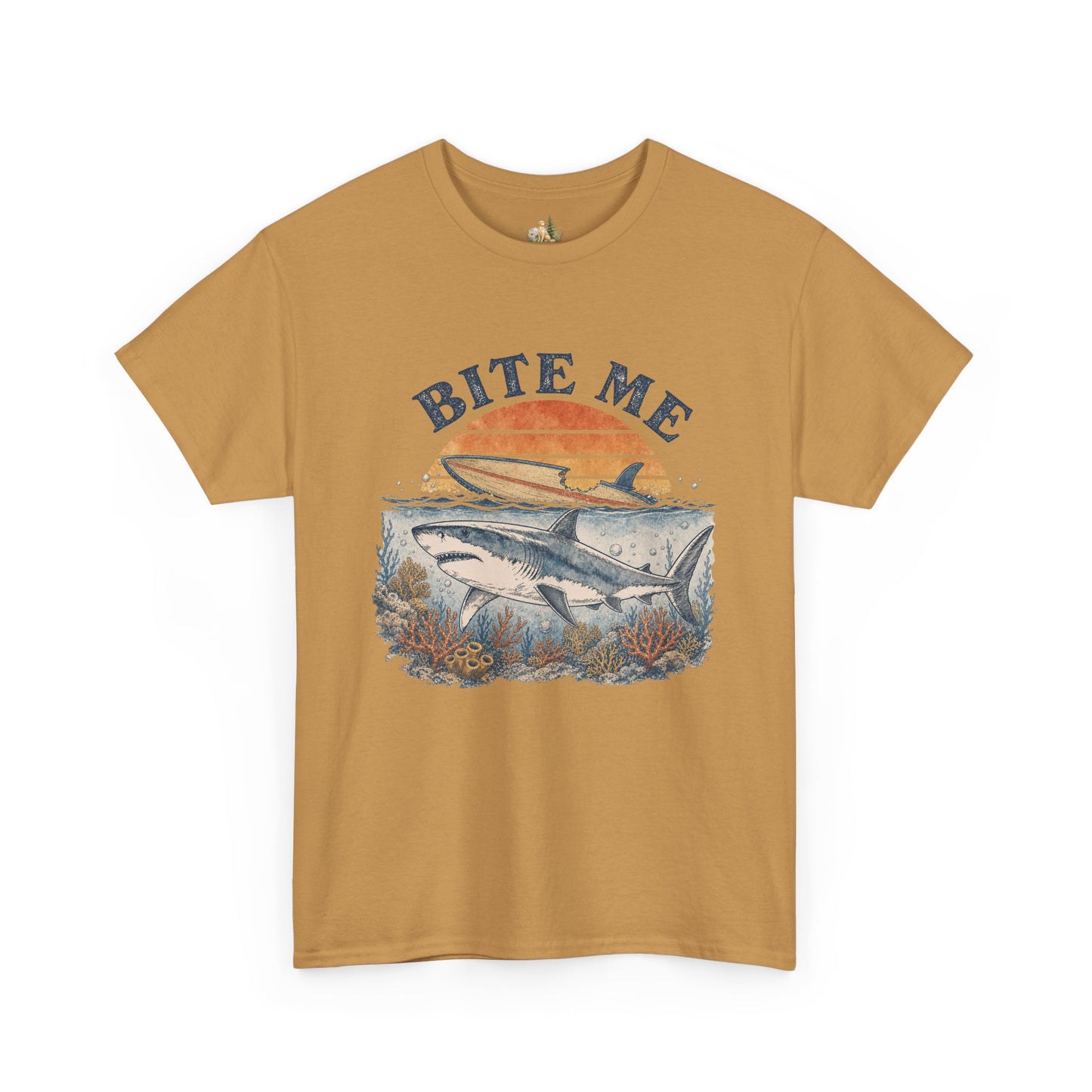 Shark 'Bite Me' Graphic Tee — Vintage Ocean Sunset Fishing Shirt (Heavy Weight Tee)