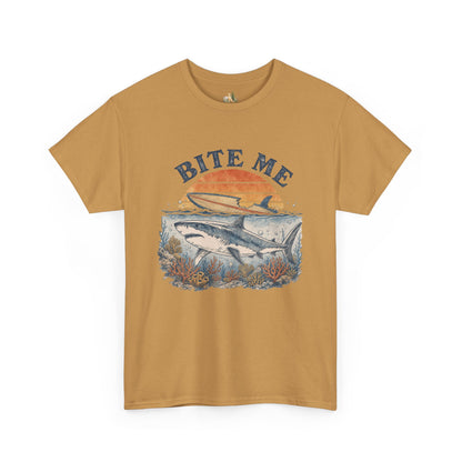 Shark 'Bite Me' Graphic Tee — Vintage Ocean Sunset Fishing Shirt (Heavy Weight Tee)