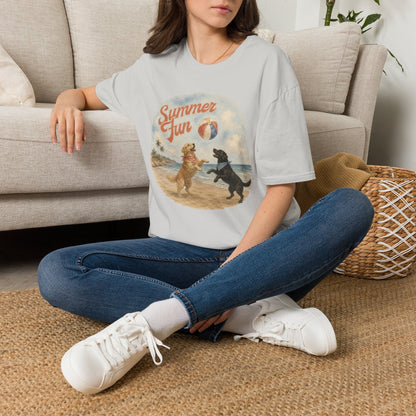 Summer Fun Dogs T-Shirt — Retro Beach Puppies Playing with Beach Ball (Light Weight, Ultra Soft Tee)