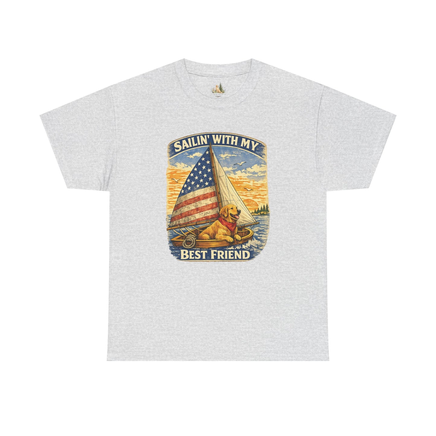 Unisex Sailin' With My Best Friend T-Shirt - Dog & American Flag Sailing Crew Tee (Light Weight, Ultra Soft Cotton)