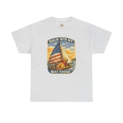 Unisex Sailin' With My Best Friend T-Shirt - Dog & American Flag Sailing Crew Tee (Light Weight, Ultra Soft Cotton)