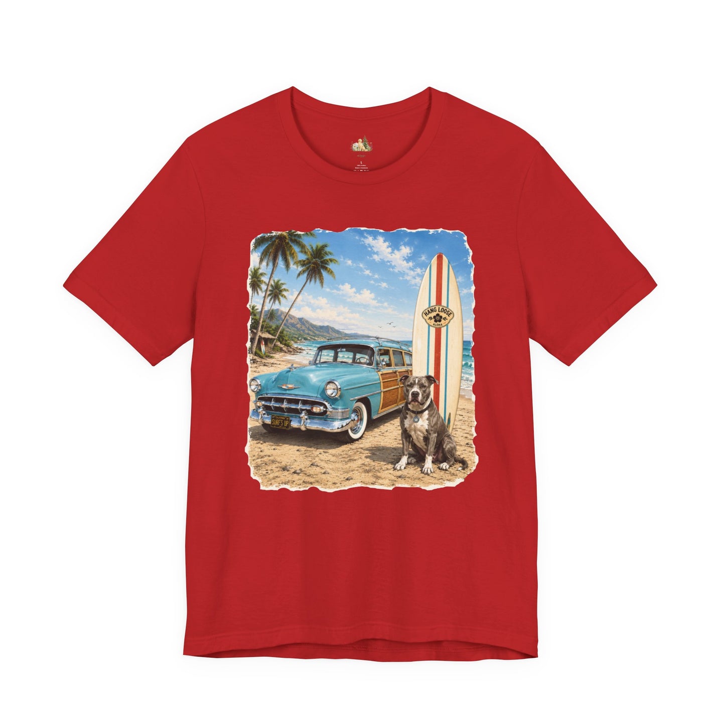 Men's Retro Beach Surf T-Shirt – Vintage Car, Surfboard & Palm Tree Graphic