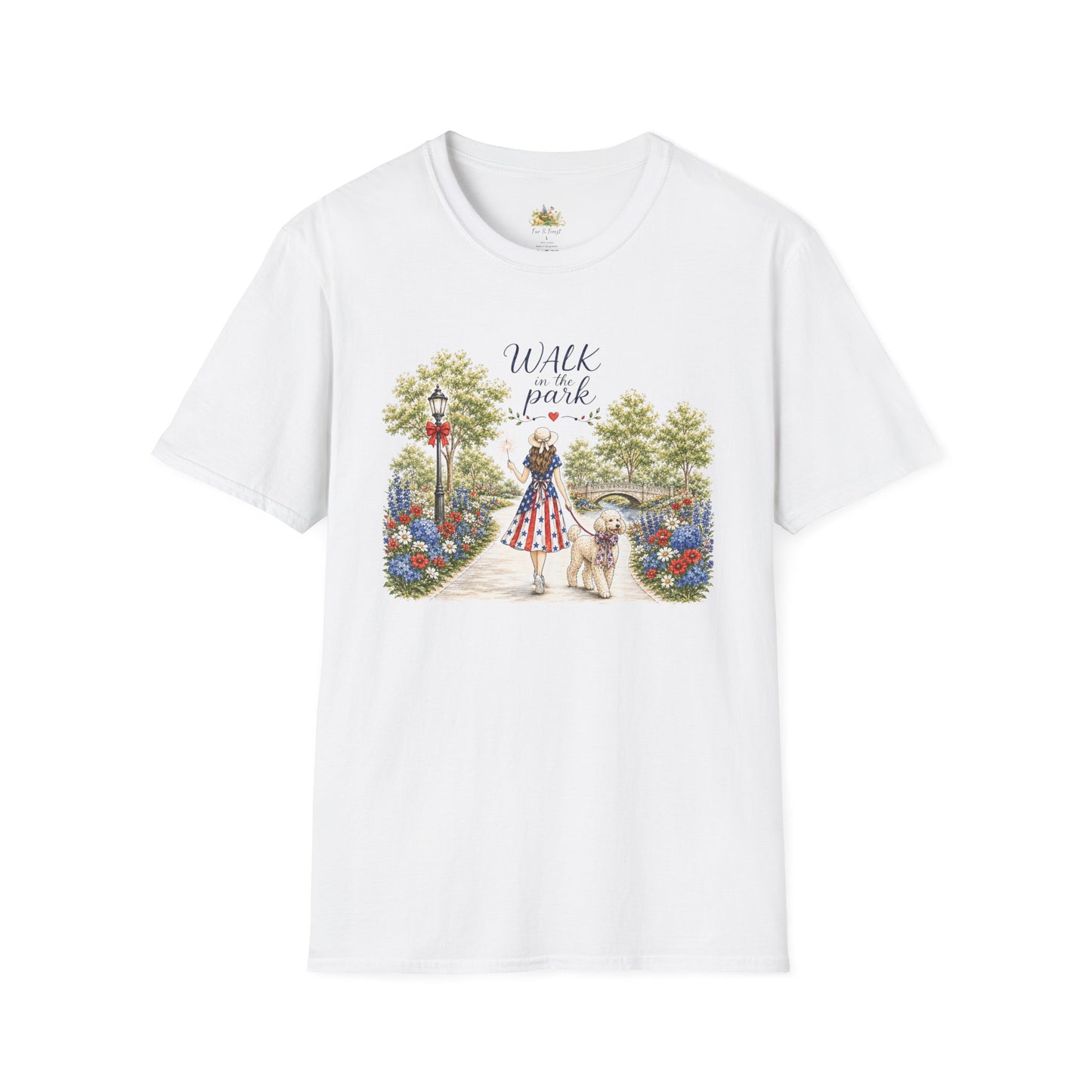Walk in the Park woman with dog T-Shirt | Floral pathway illustration (Light Weight, Ultra Soft T Shirt)