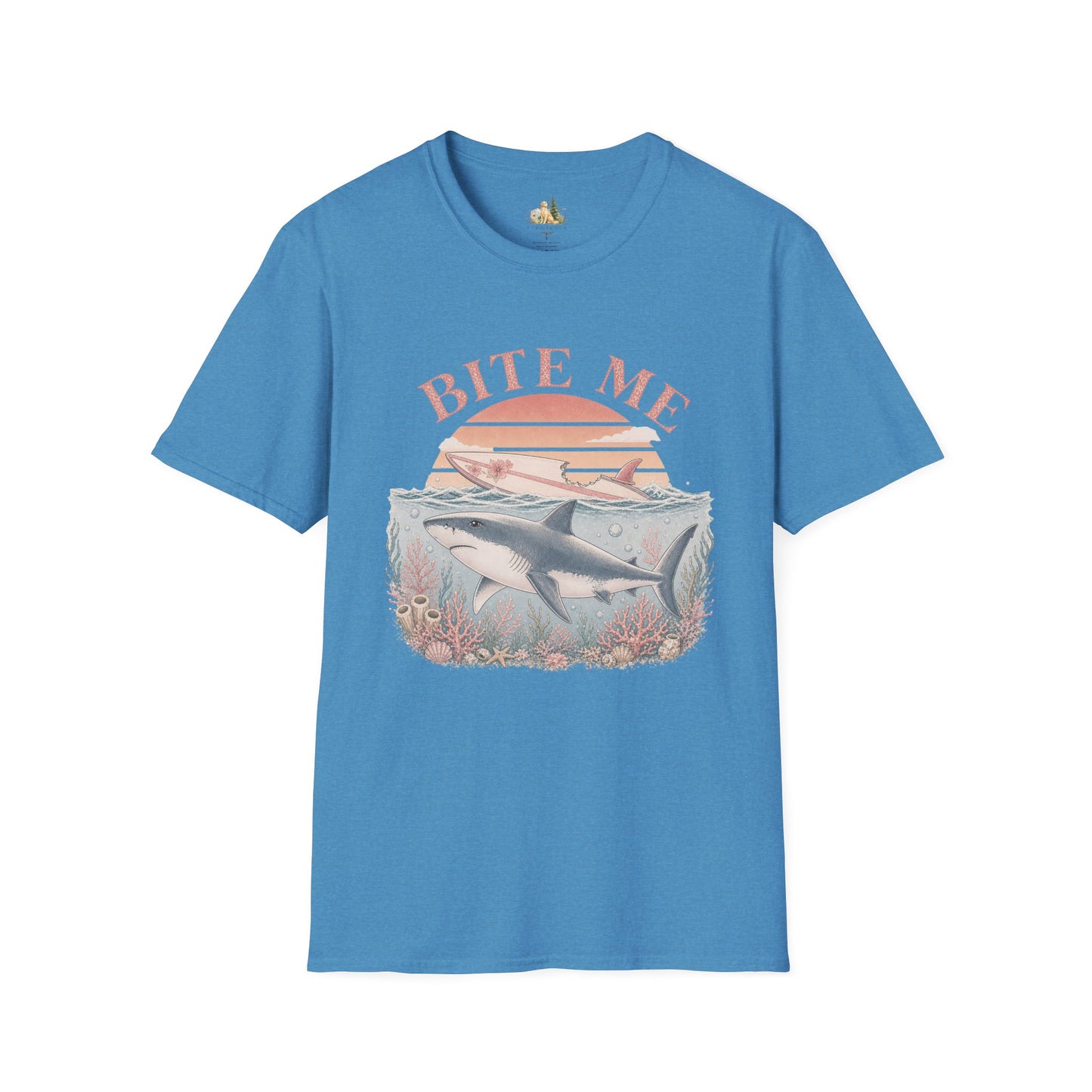 Bite Me Shark T-Shirt — Retro Ocean Sunset Graphic Tee (Light Weight, Ultra Soft)