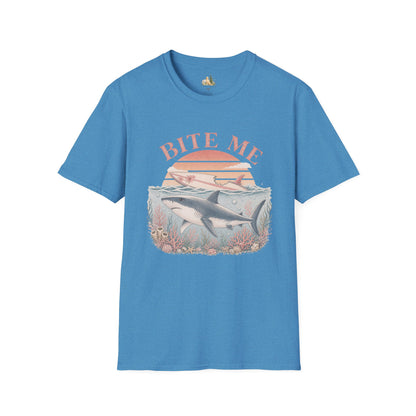Bite Me Shark T-Shirt — Retro Ocean Sunset Graphic Tee (Light Weight, Ultra Soft)