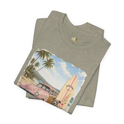 Vintage Beach Surf T‑Shirt — Retro Car, Surfboard & Dog Graphic