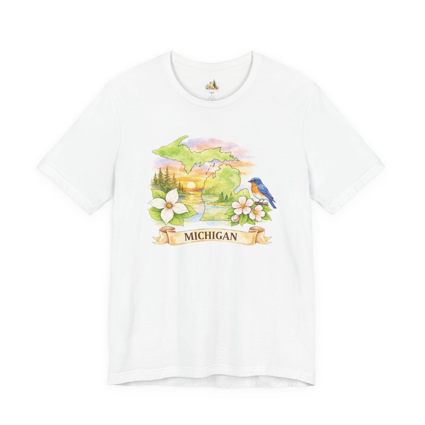 Michigan Scenic T-Shirt — State Flower & Bluebird Watercolor Design