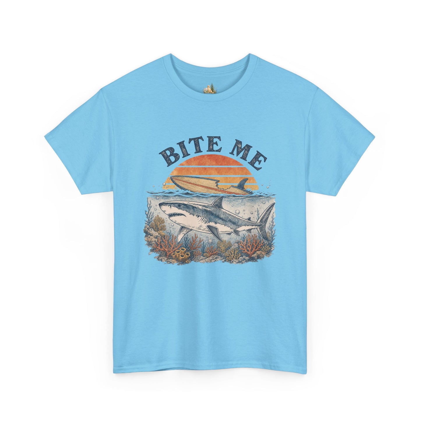 Shark 'Bite Me' Graphic Tee — Vintage Ocean Sunset Fishing Shirt (Heavy Weight Tee)
