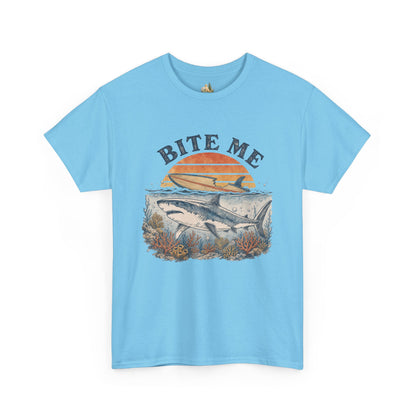 Shark 'Bite Me' Graphic Tee — Vintage Ocean Sunset Fishing Shirt (Heavy Weight Tee)