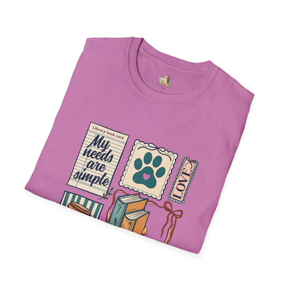 T-Shirt — "My Needs Are Simple" Book & Paw Graphic Tee
